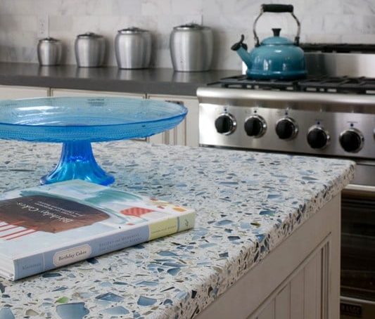 floating blue recycled glass countertop