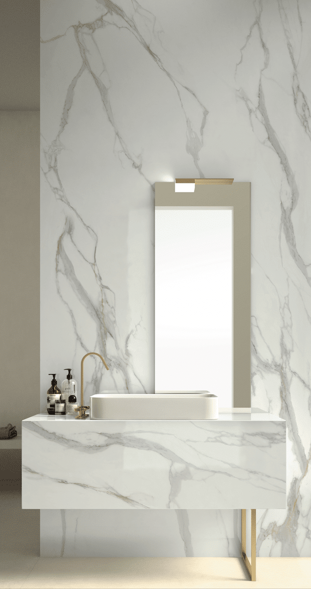 Infinity Bathroom Bagno porcelain countertops Calacatta Oro