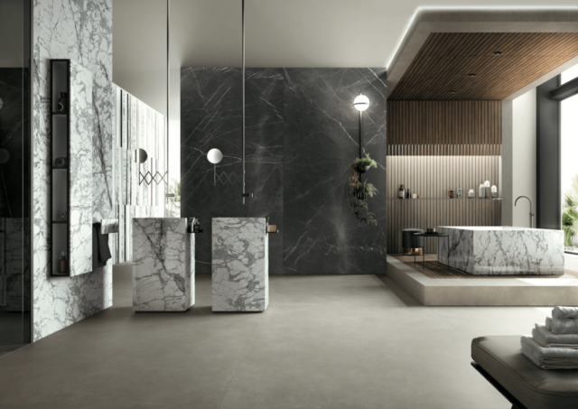 Infinity Bagno porcelain countertops Invisible Blue & Pietra Grey