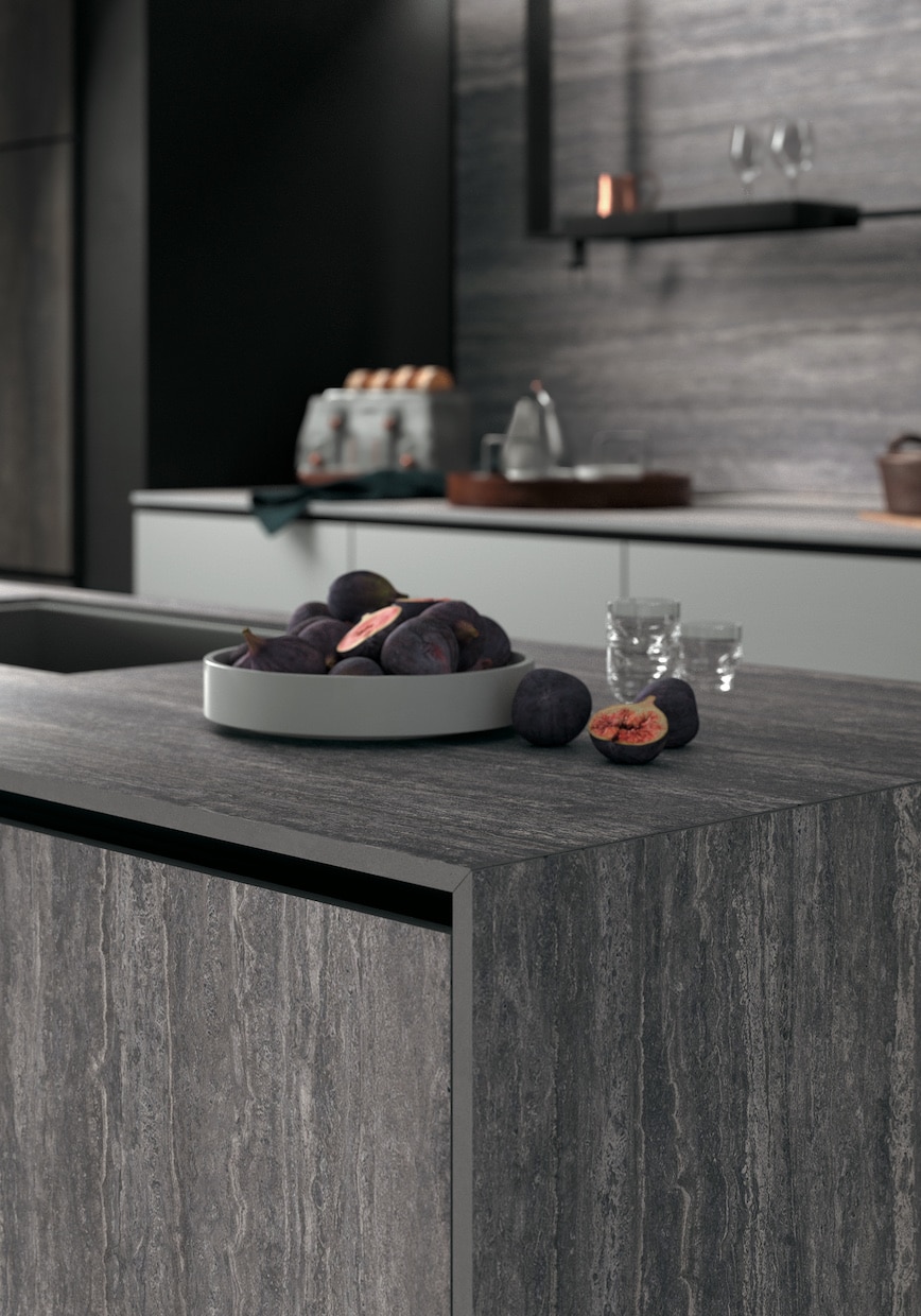 Infinity Cersaie Cucina porcelain countertops Tavertino Grey