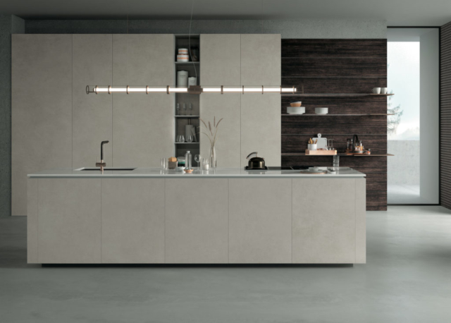 Infinity Cersaie Cucina porcelain countertops Concrete Light