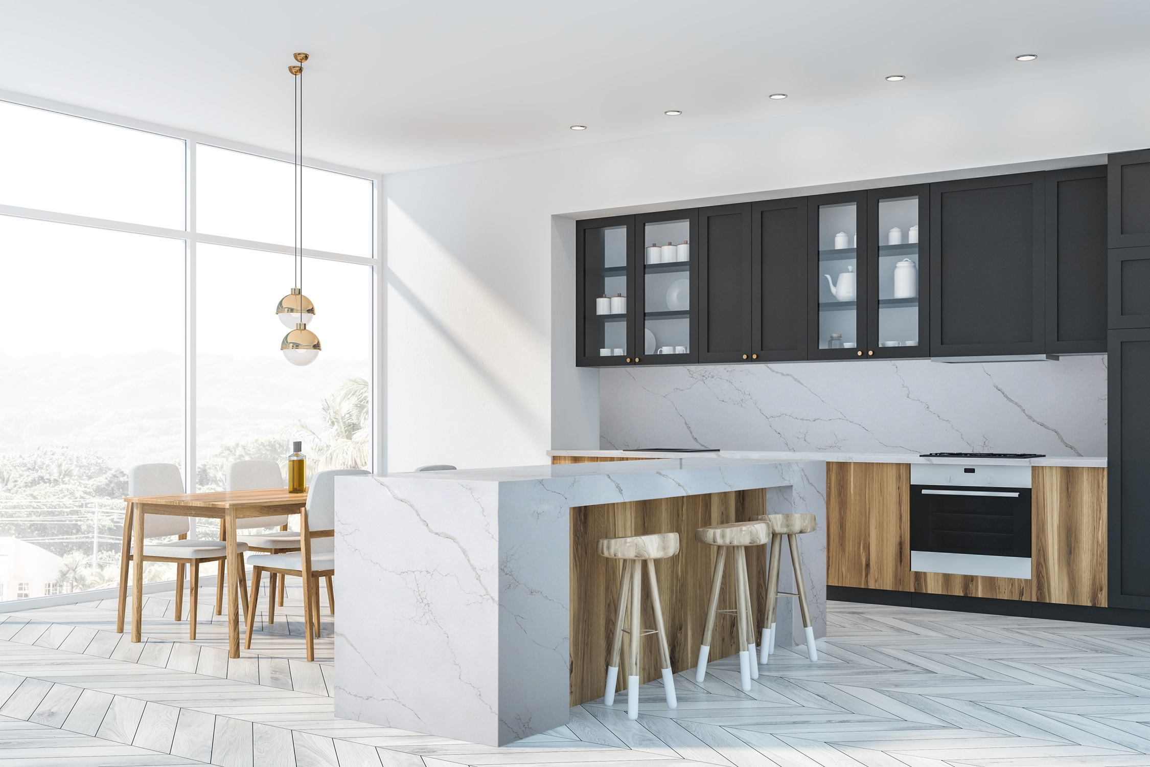 White marble and gray kitchen corner bar and table