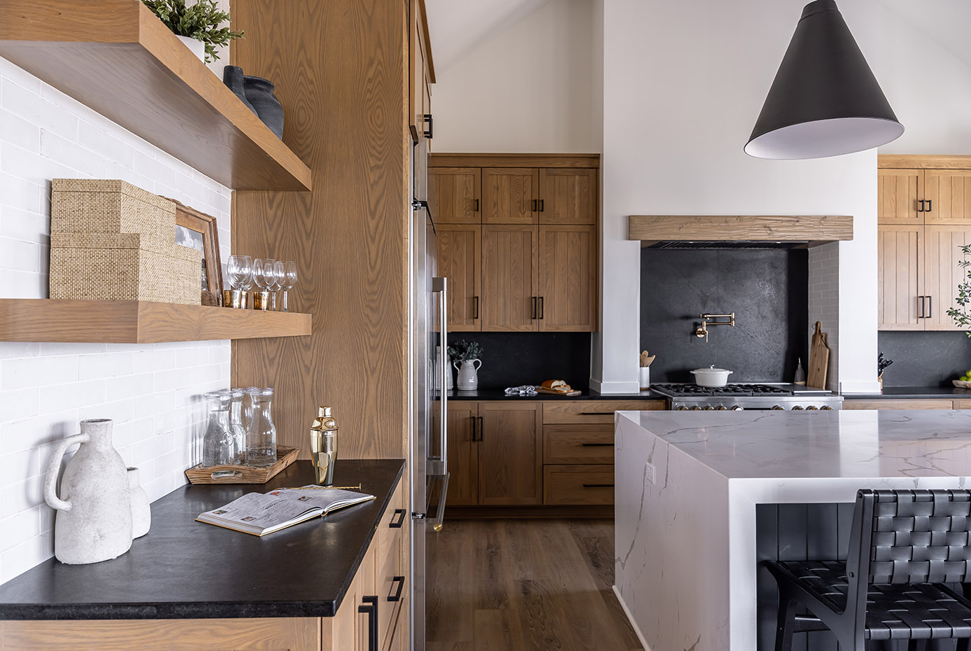 Soapstone countertops in modern bright kitchen.