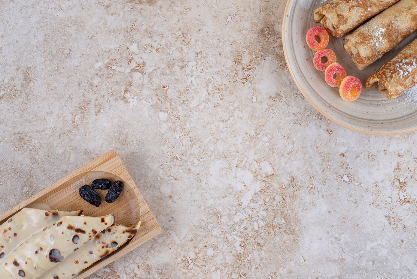 Limestone countertop - top view with food.