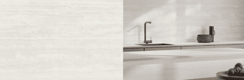 Infinity Porcelain Colors’ new collection, shown here in the stunning Travertino Bianco shade