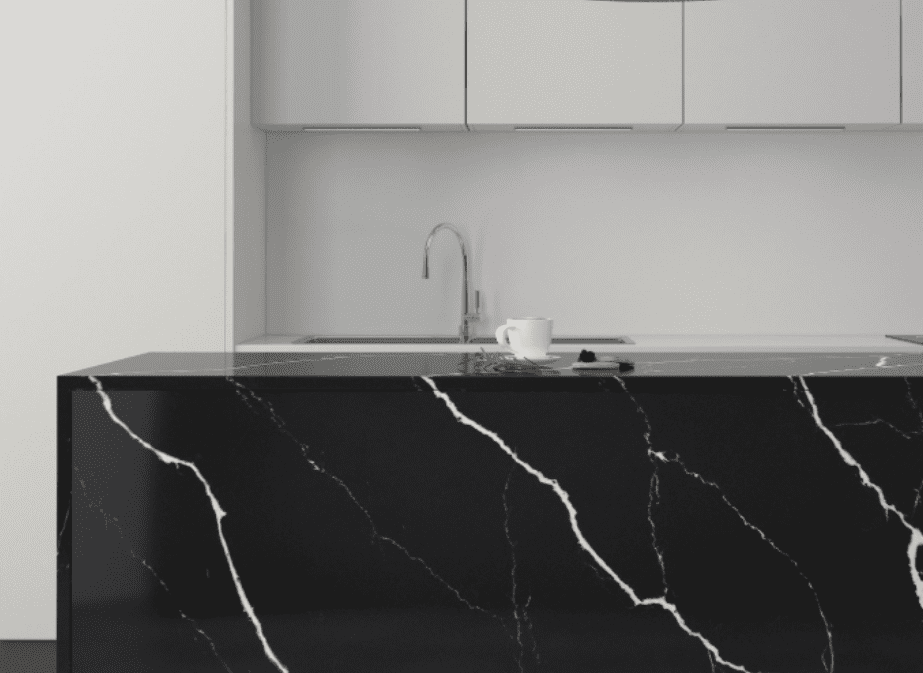 Minimalist kitchen with Pompeii Quartz Nero Marquina/ Vicostone Quartz Nero Marquina island featuring bold white veining.