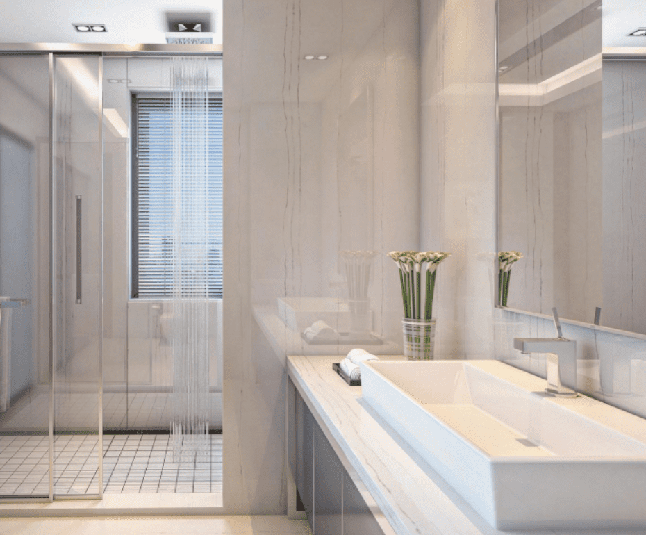 Modern bathroom with Pompeii Quartz White Macaubas/ Vicostone Quartz Luce Di Luna walls and countertop, a vessel sink, and glass-enclosed shower.