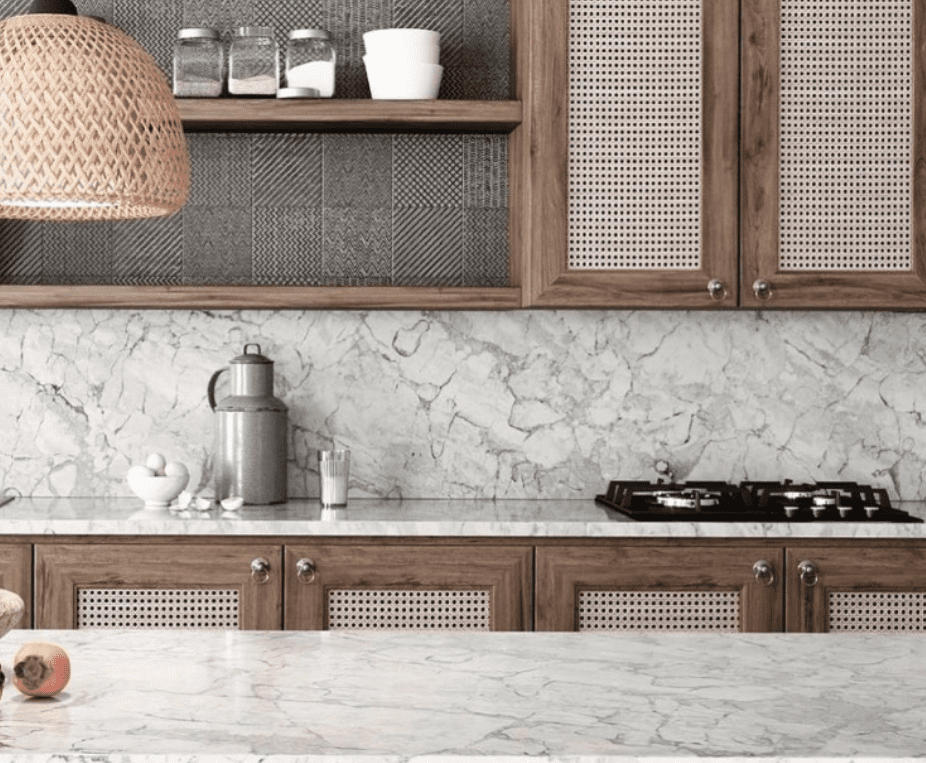 Kitchen with Pompeii Quartz Bahia/Vicostone Quartz Bahia countertops and backsplash, paired with rustic wood cabinetry.