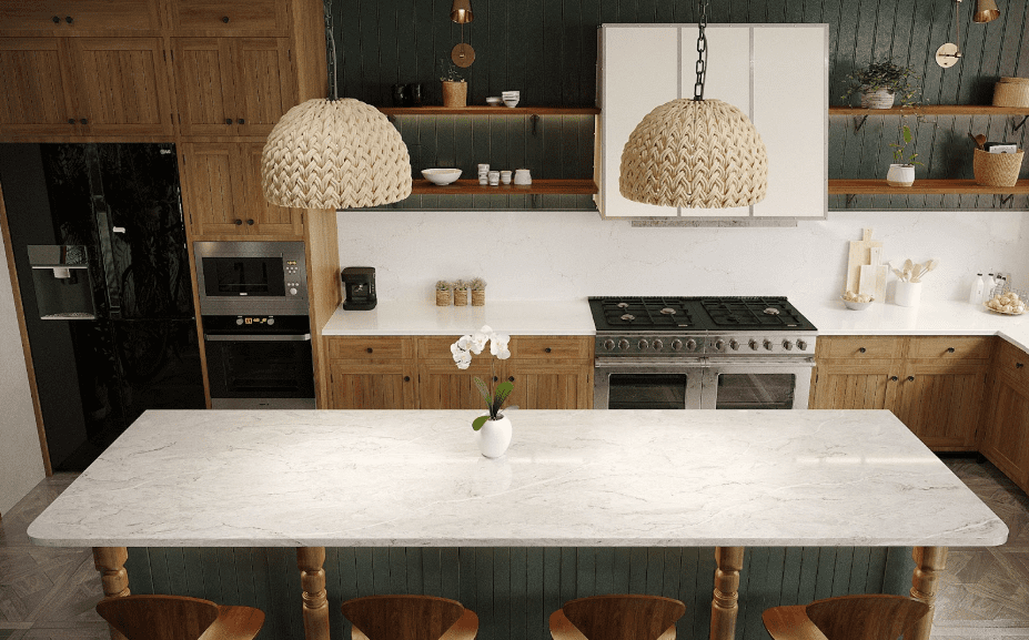 Mid-century modern kitchen with wood cabinetry, featuring Pompeii Quartz Coastal/ Vicostone Quartz Verdelia countertop and backsplash. 