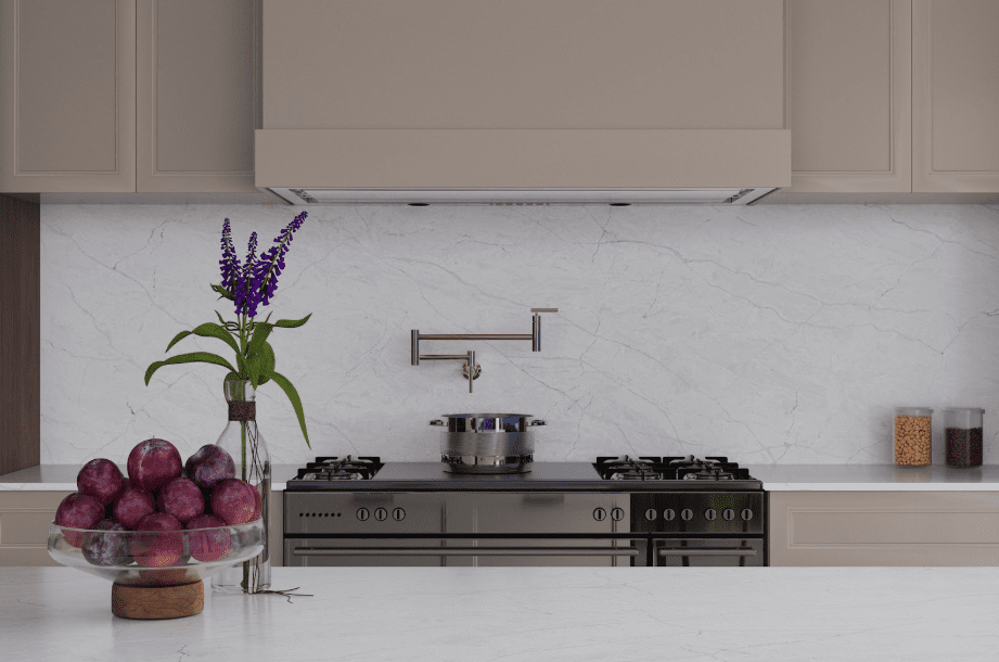 Minimalist kitchen with Pompeii Quartz Augusta Bay/ Vicostone Quartz Cipollino countertop and backsplash.