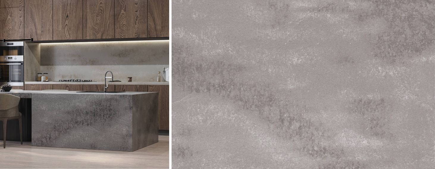 Forum Quartz Perlato Scuro kitchen and full slab images