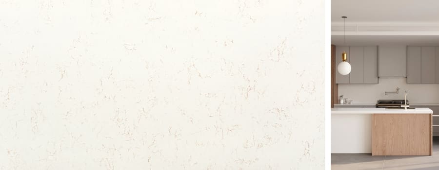 Golden Polaris Quartz surface detail with subtle golden veining, featured on a sleek white waterfall island in a minimalist kitchen with wood cabinetry and modern lighting.