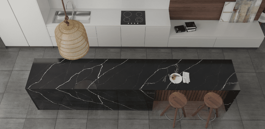 Kitchen featuring Nero Marquina Pompeii Quartz/ Nero Marquina Vicostone Quartz countertop.
