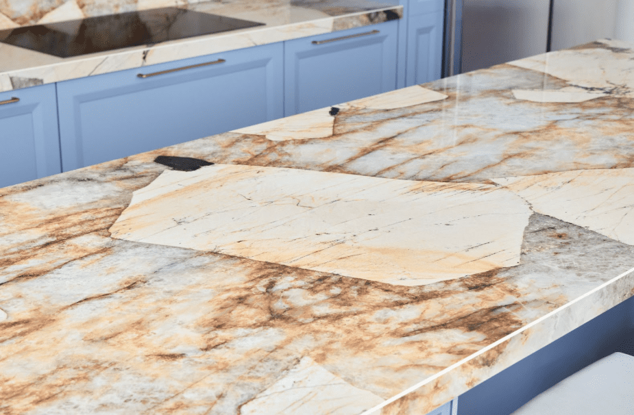 Striking  Patagonia granite kitchen countertop with blue countertops.