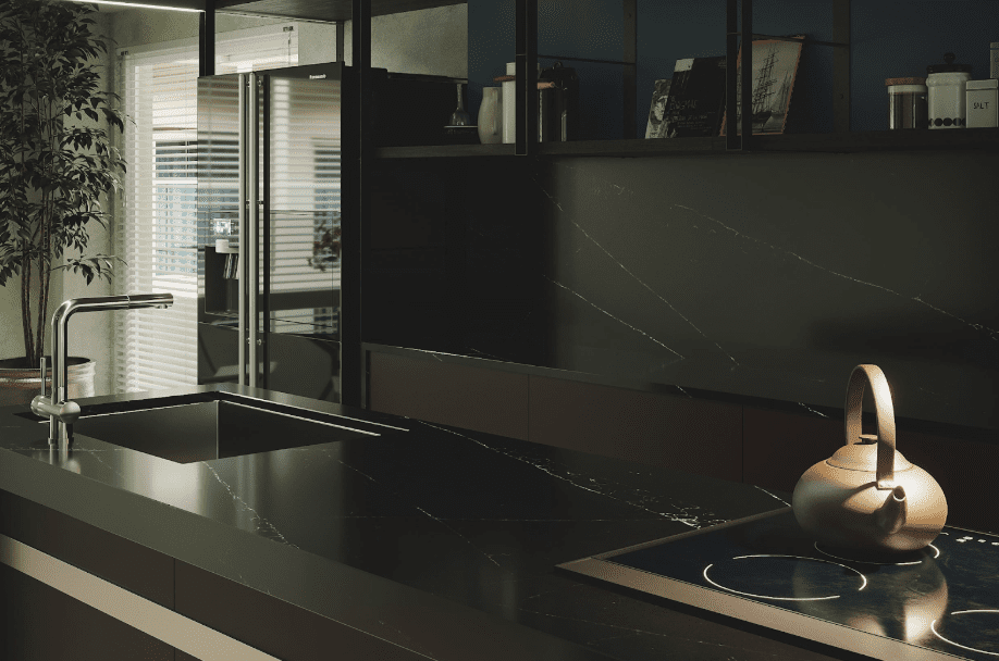 Kitchen showcasing a Nero Noir Pompeii Quartz countertop.