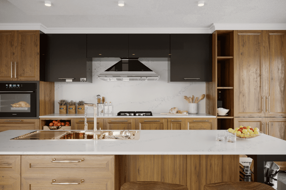 Kitchen featuring Pompeii Quartz, Statuario Azzurro, and Vicostone Quartz, Limnias. 