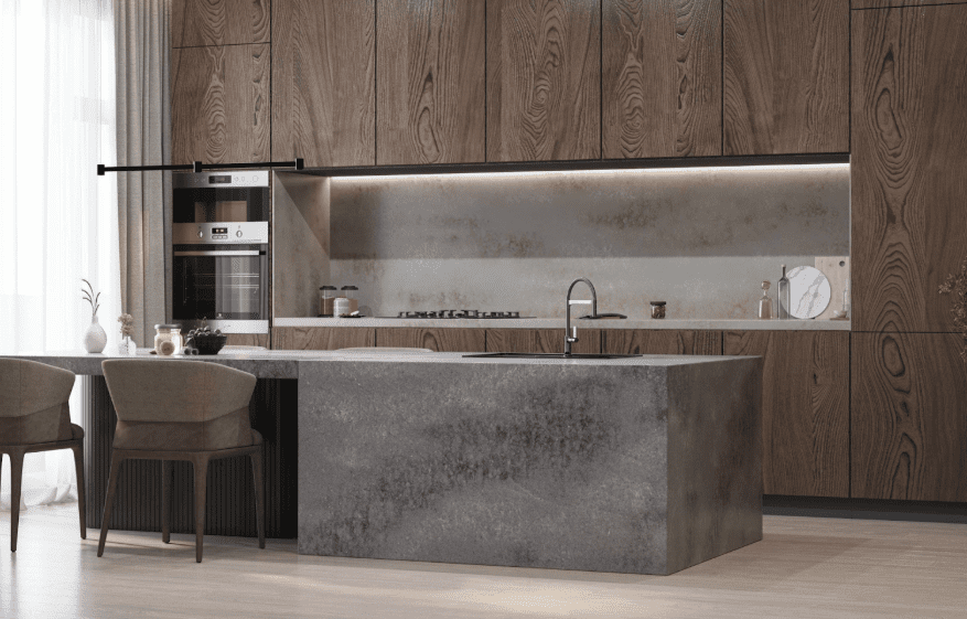 Cozy kitchen with warm tones and a stone-look countertop from the Forum Collection in Perlato Scuro.