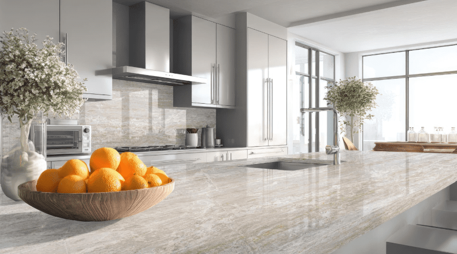 Modern kitchen with white cabinetry and a gray stone-look countertop from the Forum Collection in Varese.