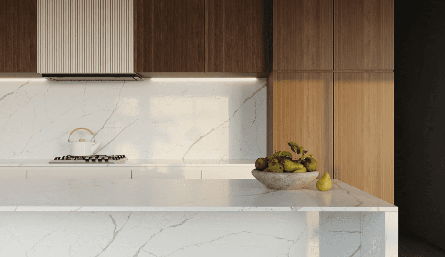 Vicostone Quartz/Pompeii Quartz, Calacatta Estremo features soft veins and a bright white background.