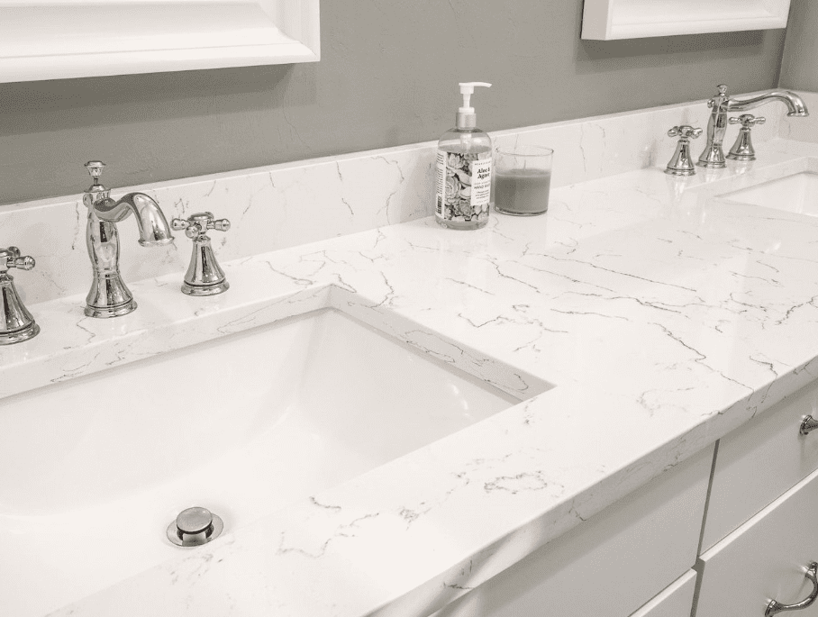 Bianco Venato Vicostone Quartz features soft veins and a bright white background.