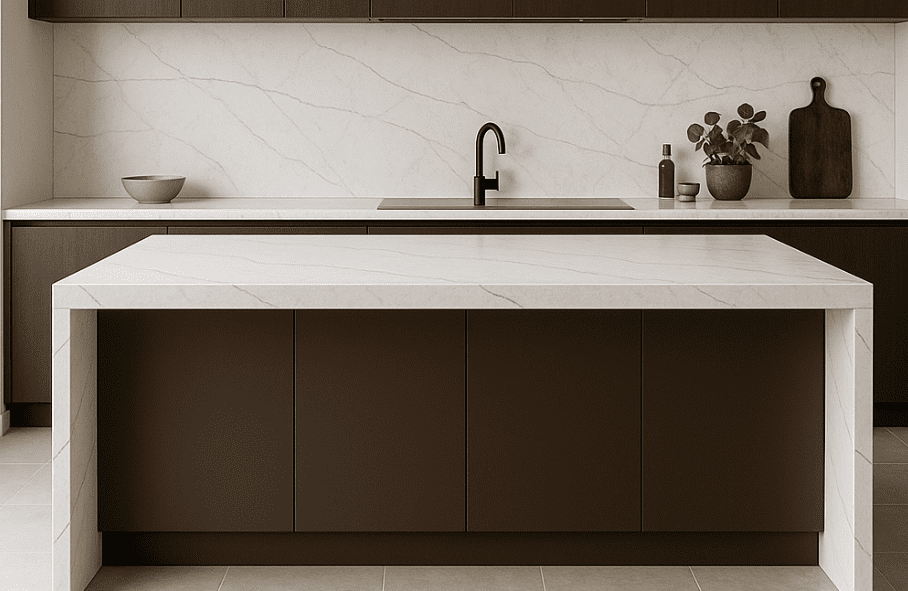 Modern kitchen with a marble-look island and backsplash from the Forum Collection in Anzio.