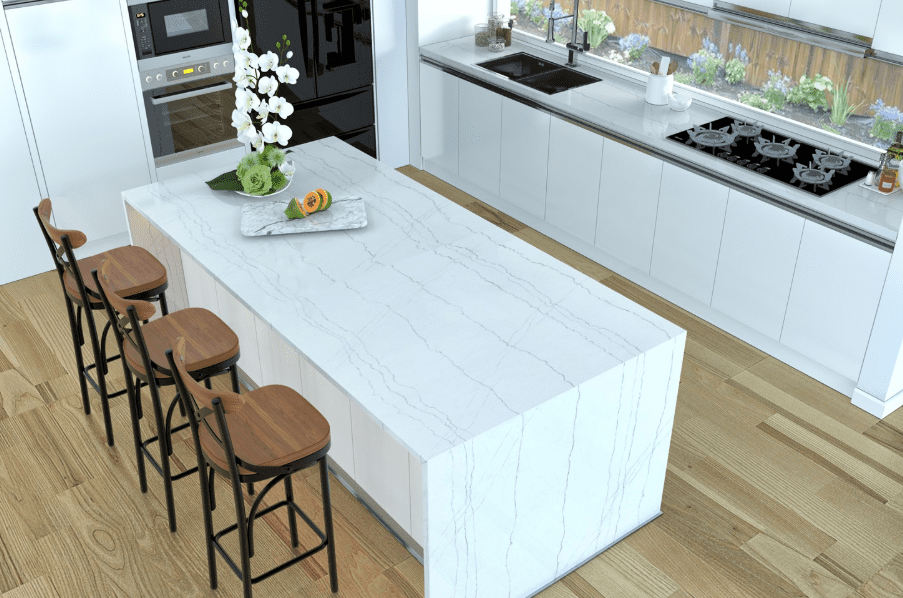 A kitchen island with Vicostone Quartz in Luce di Luna, aka Pompeii Quartz in White Macaubas