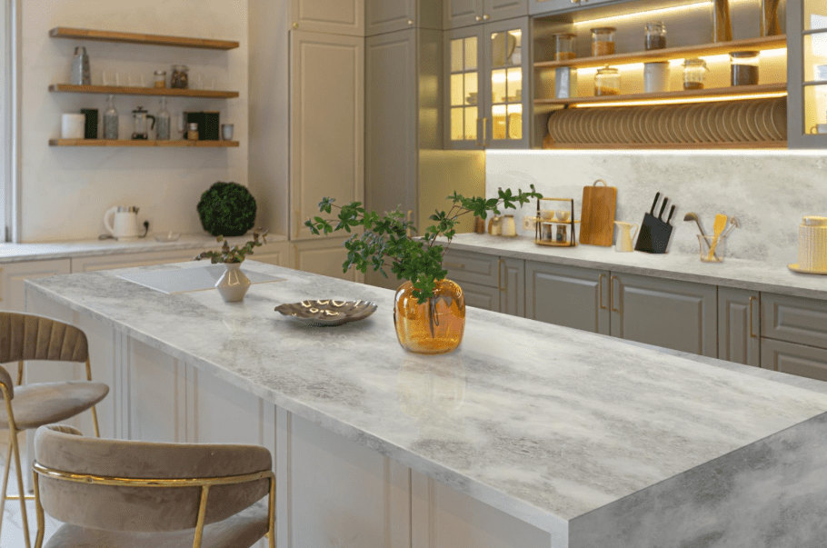 Azurra Bay quartzite countertop in a modern kitchen.Â