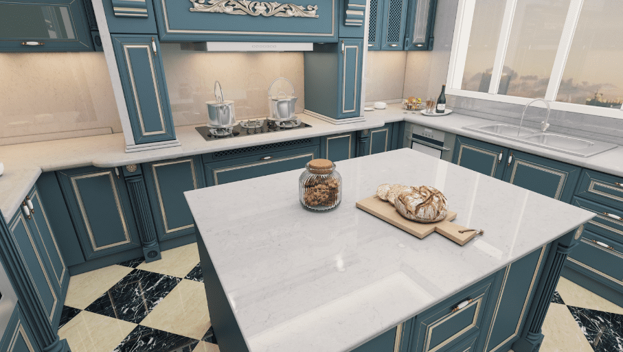 Pompeii Quartz color Valley Frost, aka Vicostone color Ceres island pairs perfectly with bold teal cabinets.