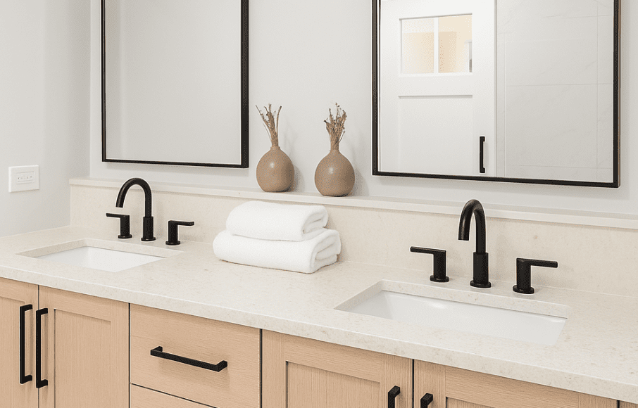 Modern bathroom vanity with light wood cabinets and a quartz countertop from the Forum Collection in Forio.