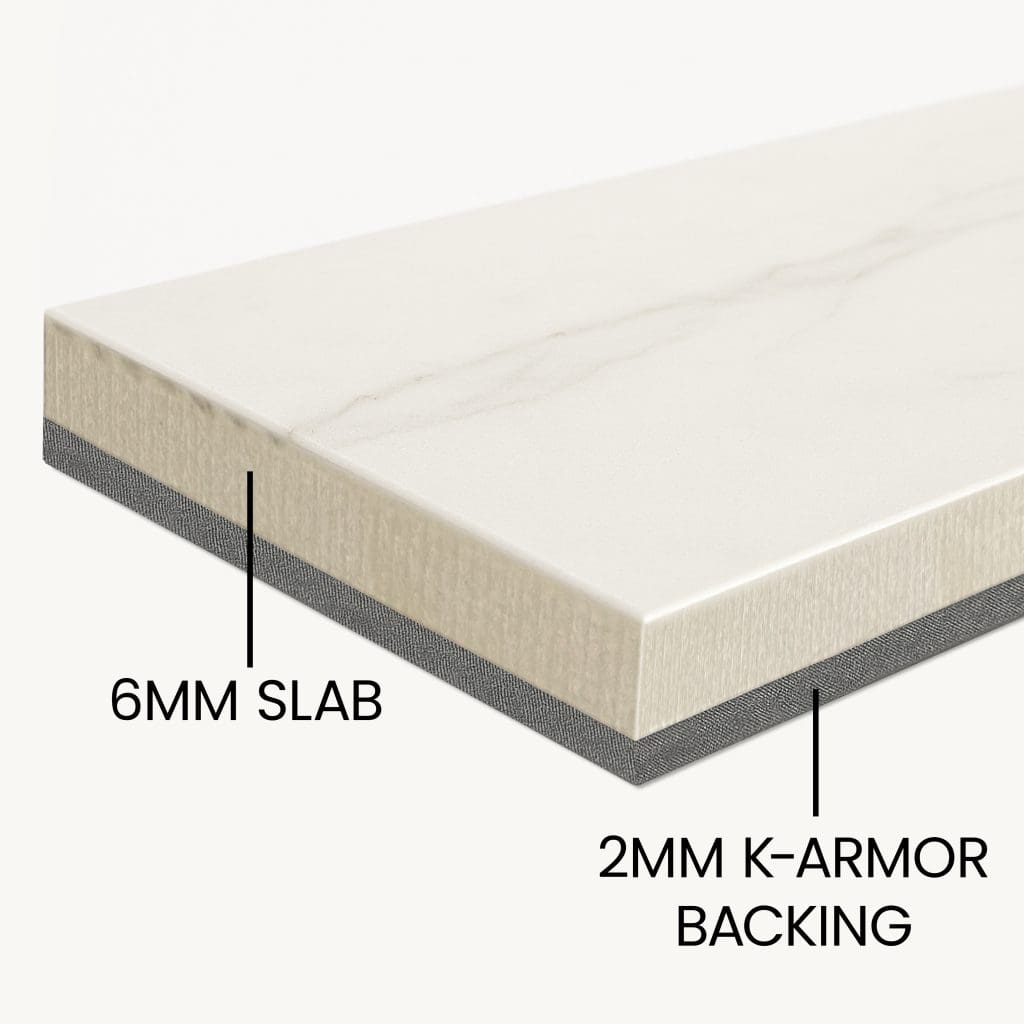Infinity Porcelain cross-section: 6mm slab bonded to 2mm K-Armor reinforcement (8mm total thickness