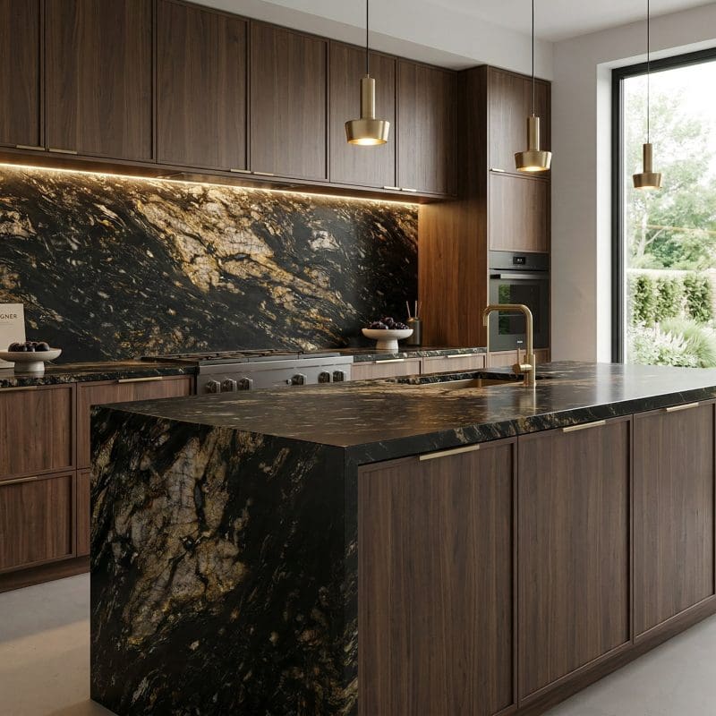 Modern kitchen with black and gold granite countertops, waterfall island, and full-height backsplash paired with warm walnut cabinetry and brass lighting.