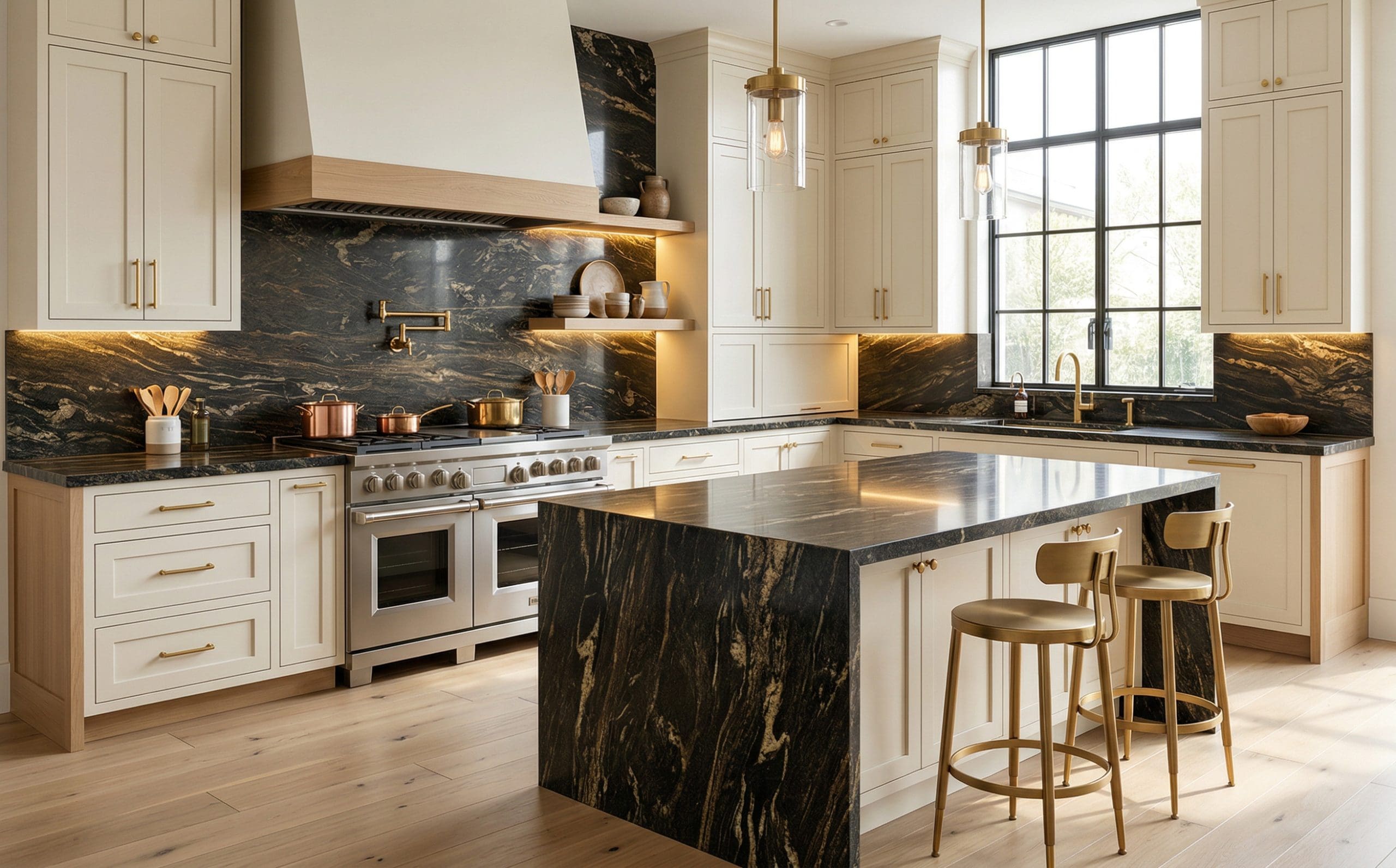 Bright kitchen with black and gold granite countertops, waterfall island, and full-height granite backsplash paired with cream cabinetry and brass accents.