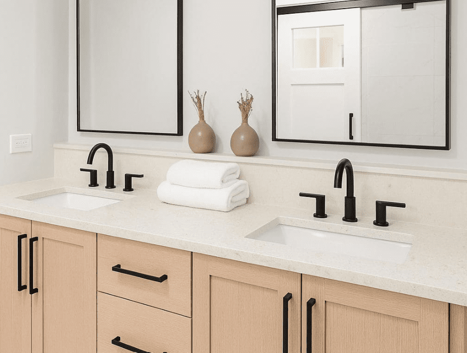 Modern double-sink vanity with light wood cabinets, black fixtures, and framed mirrors.