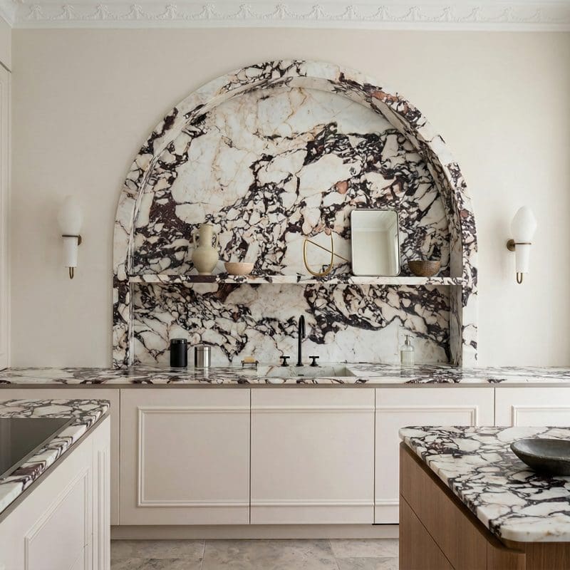 Arched Calacatta Viola marble pattern highlighting faux marble vs real marble design differences.