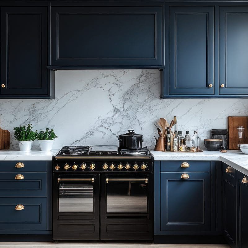 Modern kitchen with navy blue cabinets, marble countertops and full-height backsplash, brass hardware,