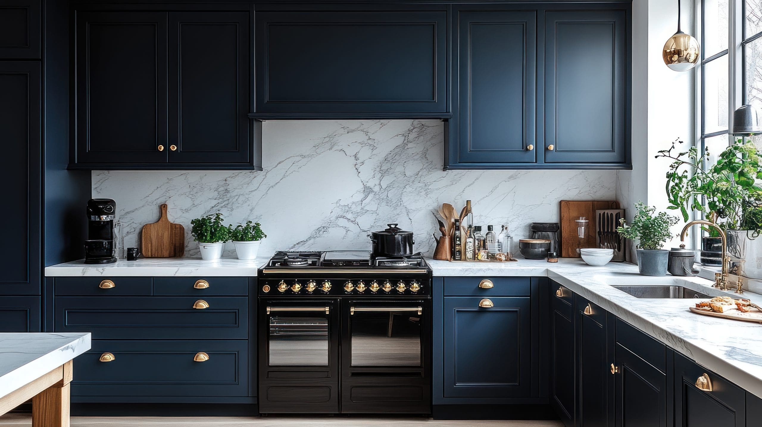 Modern kitchen with navy blue cabinets, marble countertops and full-height backsplash, brass hardware,