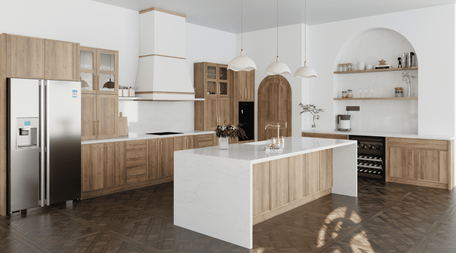 Pompeii Quartz Bella Pietra/ Vicostone Quartz Costa Nova countertop in a sleek modern kitchen.