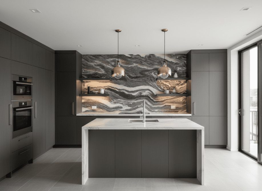 Cipollino Ondulato marble backsplash in a modern kitchen. 
