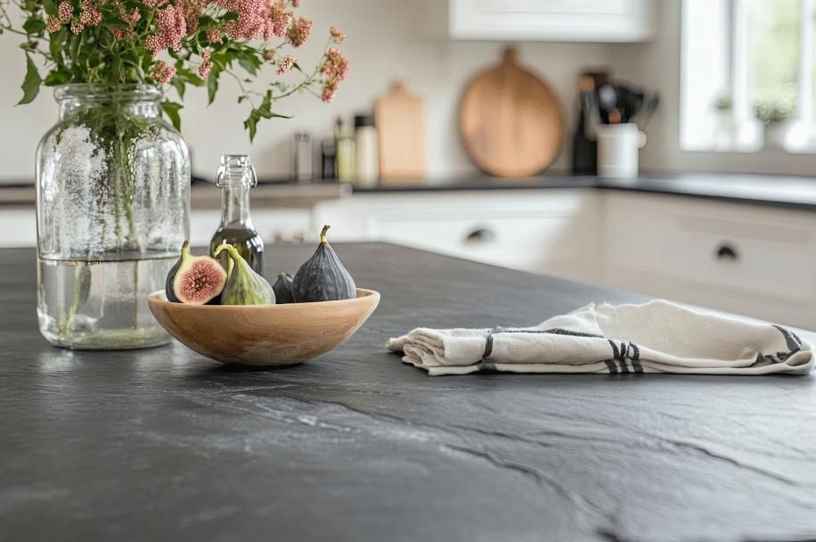 Close up of soapstone countertops with a leathered texture and soft veining.