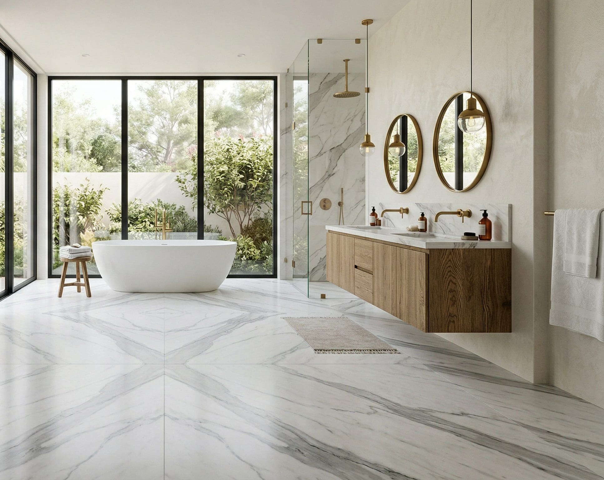 Modern spa-style bathroom with large-format marble slab flooring, freestanding tub, and floor-to-ceiling windows.