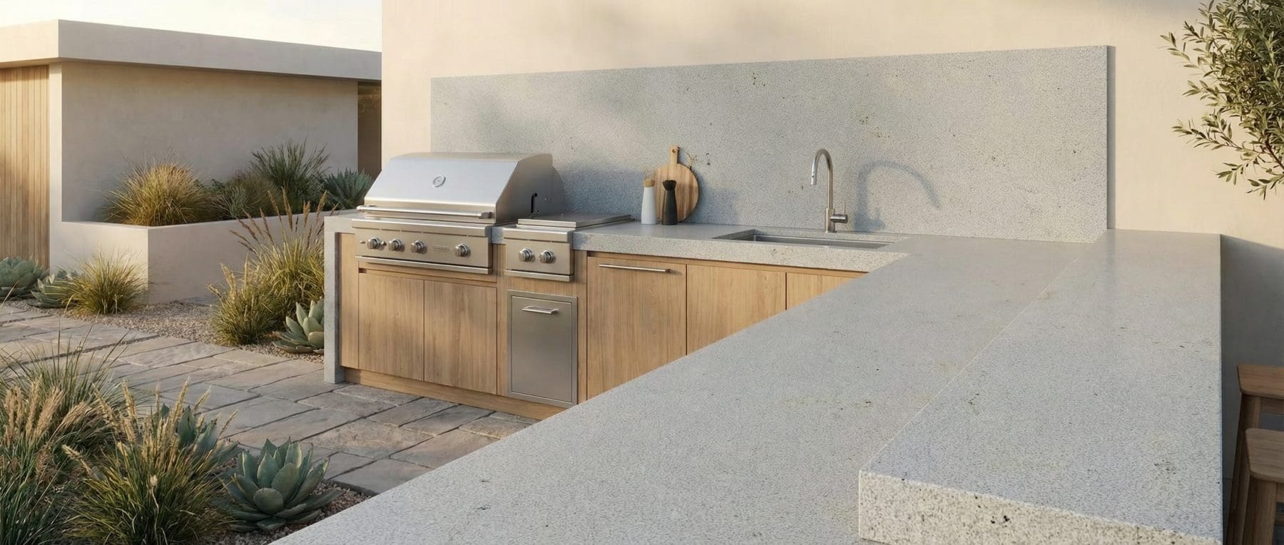 Outdoor kitchen with Kashmir granite countertop and backsplash, built-in grill, and desert landscaping.