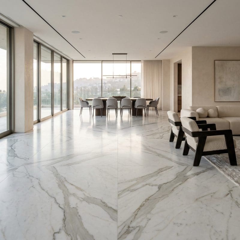 Luxury living space with large-format marble slab flooring, floor-to-ceiling windows, and open modern interior.