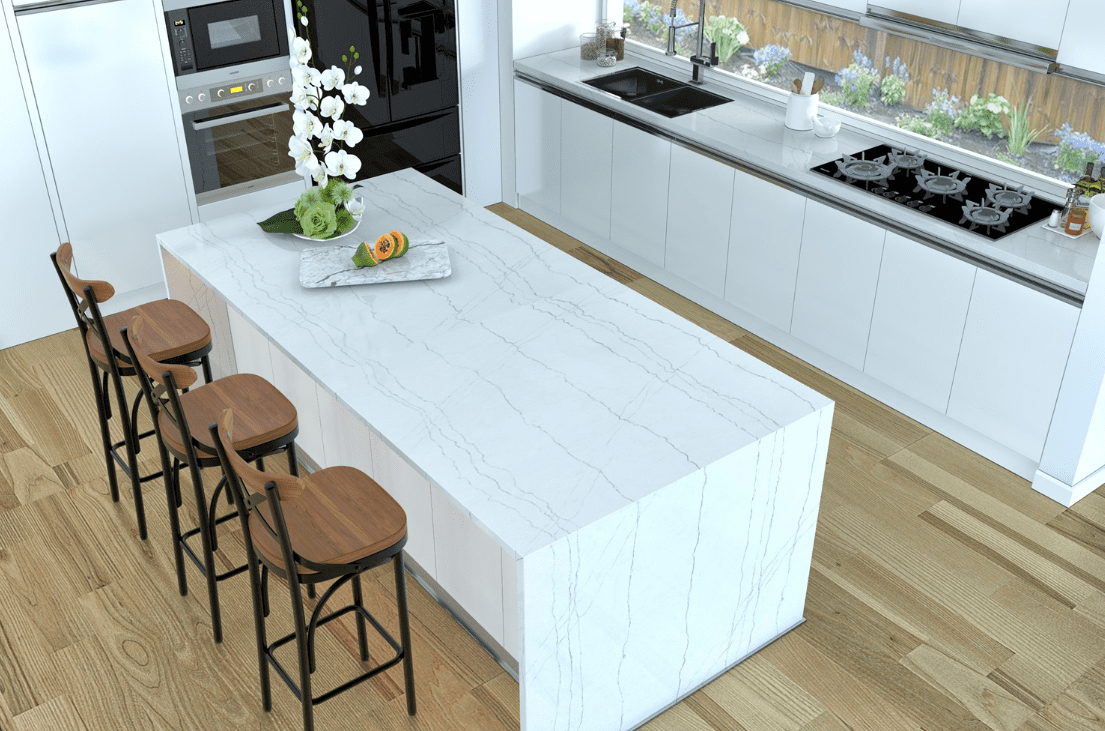 A kitchen island with Vicostone Quartz in Luce di Luna, aka Pompeii Quartz in White Macaubas