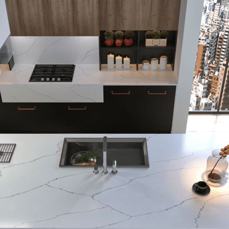 An image of a modern kitchen with Pompeii Quartz Lincoln