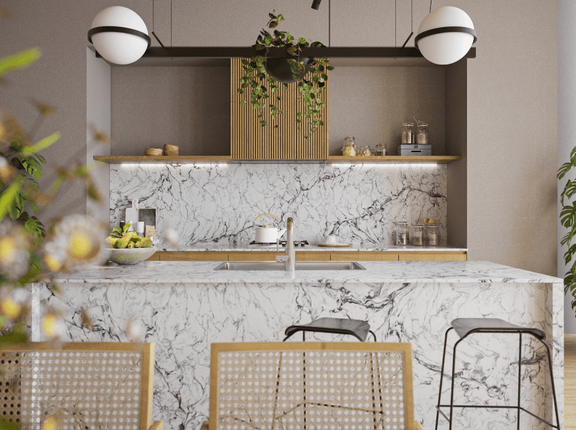 A kitchen island with Vicostone Quartz in White Fusion, aka Pompeii Quartz in White Fusion