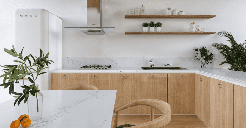 A kitchen featuring Pompeii/Vicostone Quartz color, Statuario. 