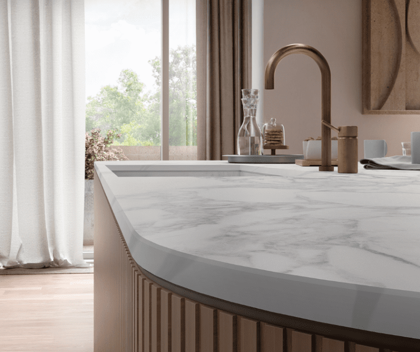 Infinity Porcelain kitchen countertop in Calacatta Magnifico color.