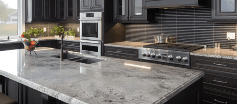 A modern kitchen with dark cabinets and light-toned granite countertops.
