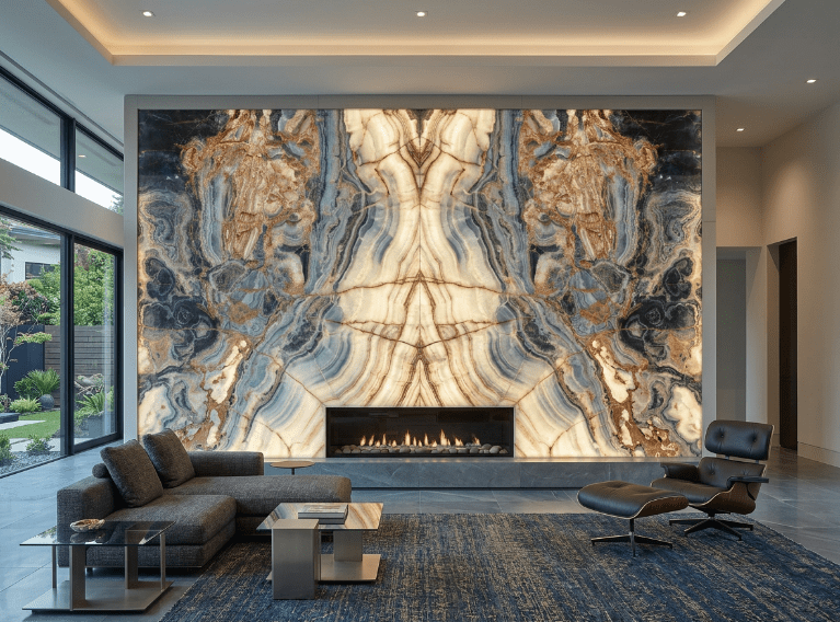 Bookmatched stone statement wall with centered fireplace and modern seating.