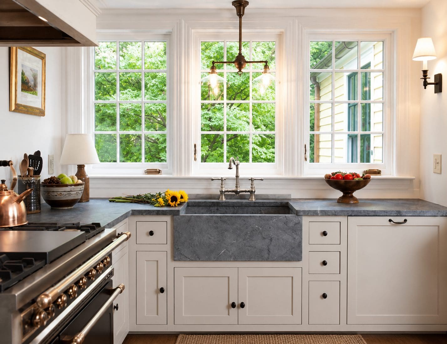 Soapstone countertops and farmhouse sink in a bright white kitchen. 